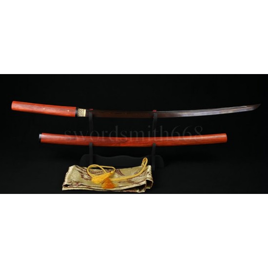 HIGH QUALITY JAPANESE SHIRASAYA SWORD Black&Red Damascus Oil Quenched Full Tang Blade Red Wood