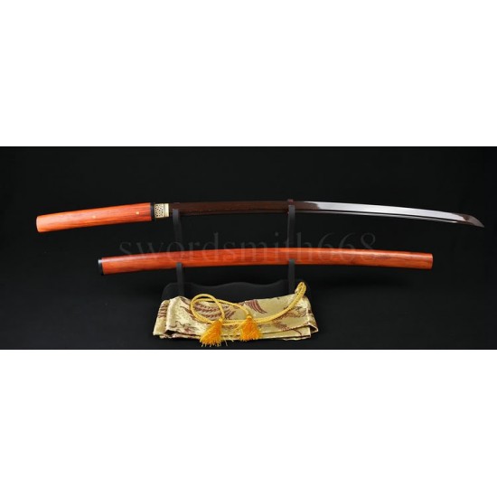 HIGH QUALITY JAPANESE SHIRASAYA SWORD Black&Red Damascus Oil Quenched Full Tang Blade Red Wood