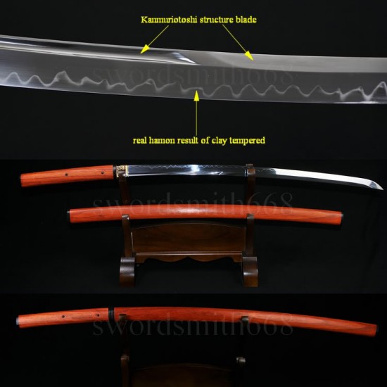 Traditional Hand Forged Japanese Shirasaya Sword KATANA T10 Steel Clay Tempered Full Tang Blade Red Wood SAYA&Handle