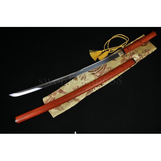 Traditional Hand Forged Japanese Shirasaya Sword KATANA T10 Steel Clay Tempered Full Tang Blade Red Wood SAYA&Handle