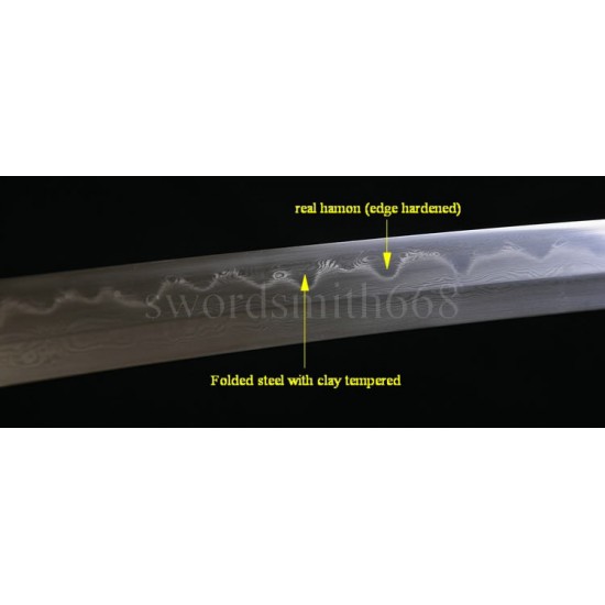 Fully Hand Forged Damascus Steel KATANA Clay Tempered Blade Rayskin Saya Japanese Samurai Sword