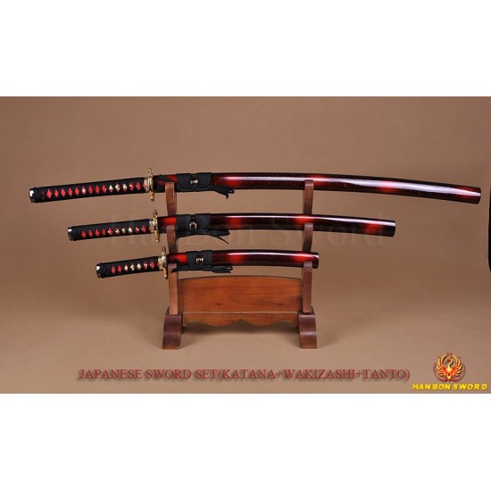 Japanese Samurai Dragon Swords Set katana+wakizashi+tanto Black Full Tang Blade