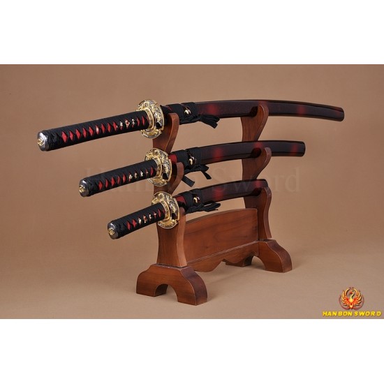 Japanese Samurai Dragon Swords Set katana+wakizashi+tanto Black Full Tang Blade