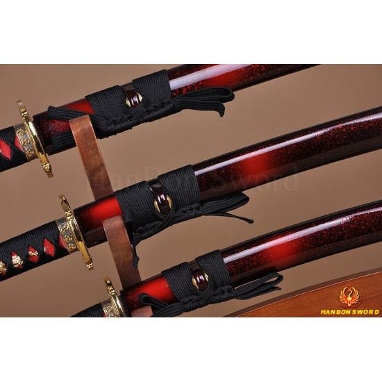 Japanese Samurai Dragon Swords Set katana+wakizashi+tanto Black Full Tang Blade