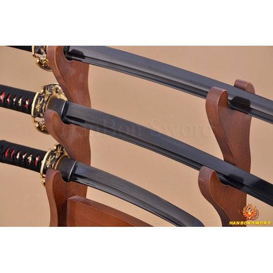 Japanese Samurai Dragon Swords Set katana+wakizashi+tanto Black Full Tang Blade