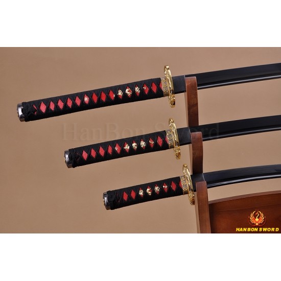 Japanese Samurai Dragon Swords Set katana+wakizashi+tanto Black Full Tang Blade