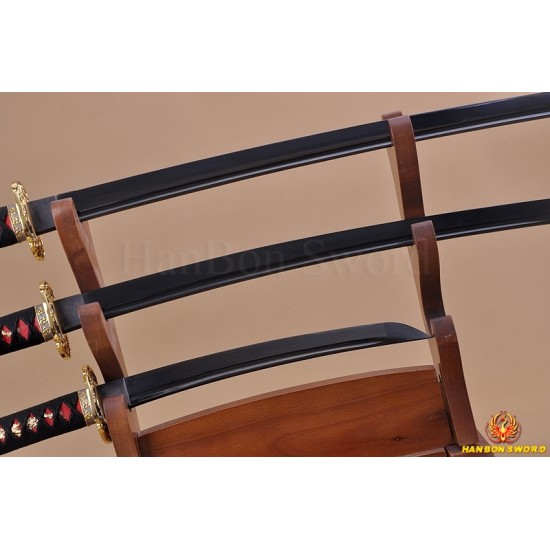 Japanese Samurai Dragon Swords Set katana+wakizashi+tanto Black Full Tang Blade