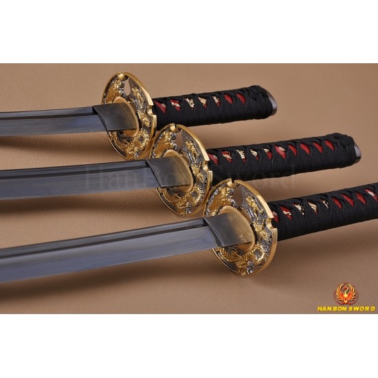 Japanese Samurai Dragon Swords Set katana+wakizashi+tanto Black Full Tang Blade