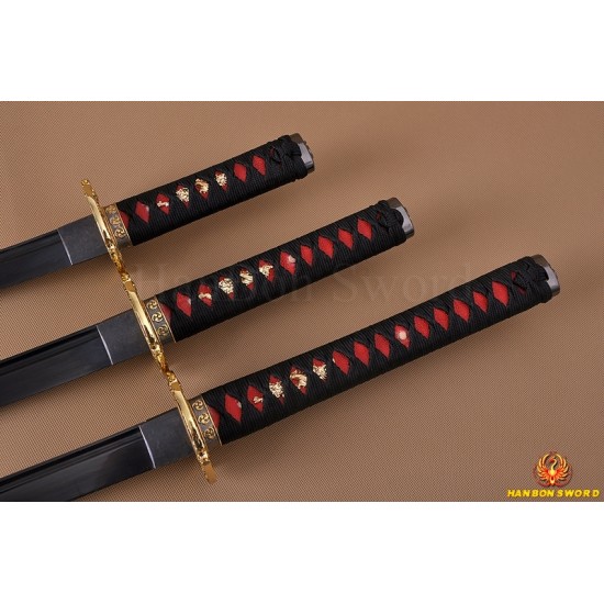 Japanese Samurai Dragon Swords Set katana+wakizashi+tanto Black Full Tang Blade