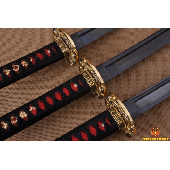 Japanese Samurai Dragon Swords Set katana+wakizashi+tanto Black Full Tang Blade