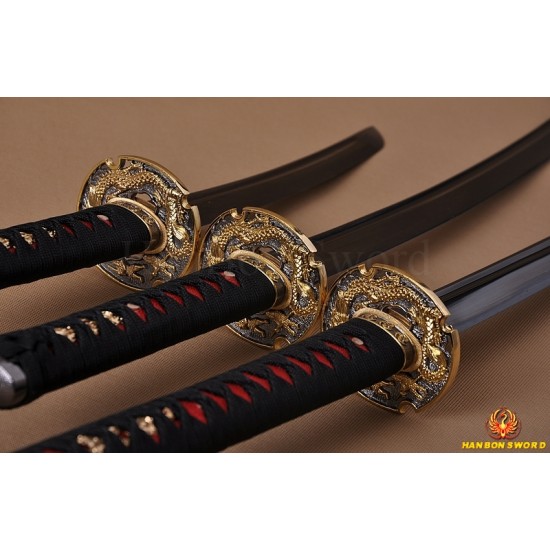 Japanese Samurai Dragon Swords Set katana+wakizashi+tanto Black Full Tang Blade