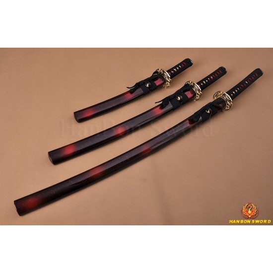 Japanese Samurai Dragon Swords Set katana+wakizashi+tanto Black Full Tang Blade