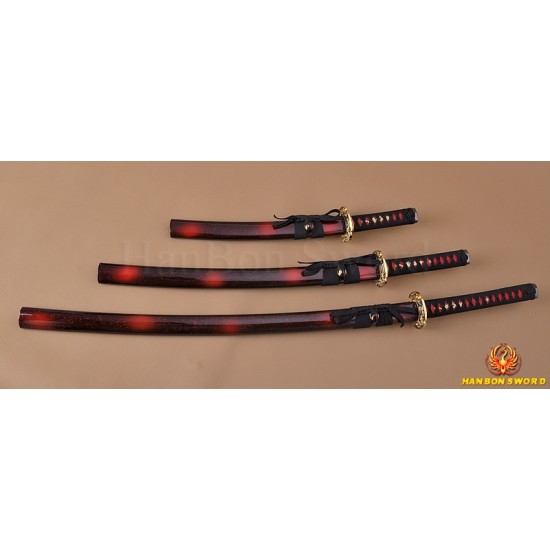 Japanese Samurai Dragon Swords Set katana+wakizashi+tanto Black Full Tang Blade