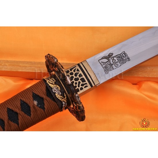 Hand Forged Damascus Steel Clay Tempered Blade Dragon Hawk Koshirae Hualee Saya Japanese KATANA Samurai Sword