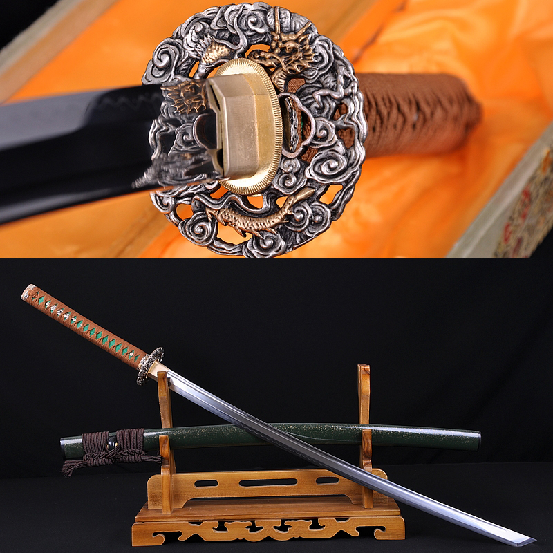 Afgang til Let at ske Grøn baggrund Japanese Sword SAMURAI KATANA CLAY TEMPERED BLADE FULL TANG