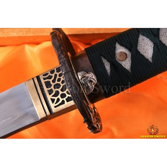Damascus Steel Clay Tempered Blade Brass Hawk Koshirae KATANA Japanese Samurai Sword