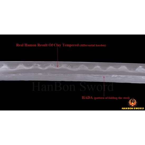 Damascus Steel Clay Tempered Blade Brass Hawk Koshirae KATANA Japanese Samurai Sword