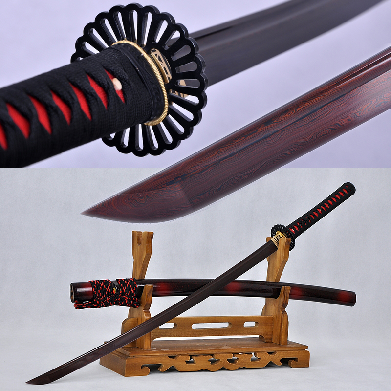Japanese Katana Tanto Sword Red&Black Folded Steel Full Tang Sharp Blade 