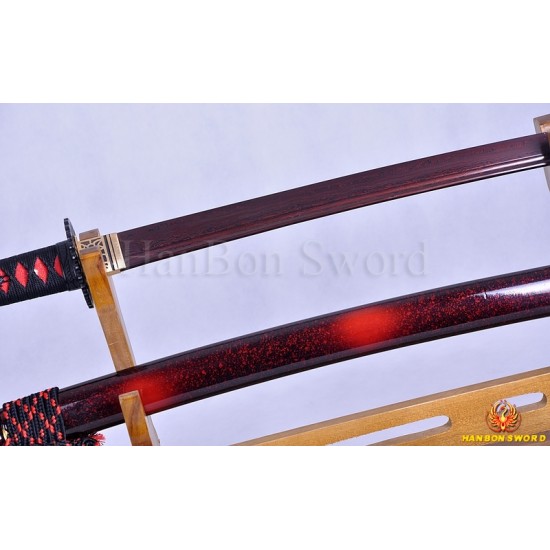 Japanese Sword KATANA Black&Red Damascus Oil Quenched Full Tang Blade Iron Koshirae 