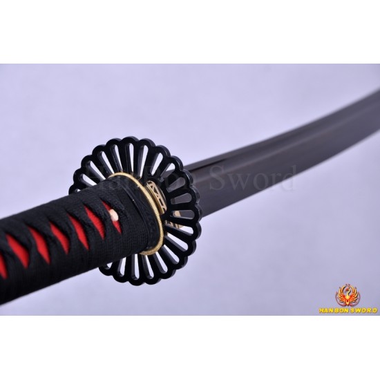 Japanese Sword KATANA Black&Red Damascus Oil Quenched Full Tang Blade Iron Koshirae 