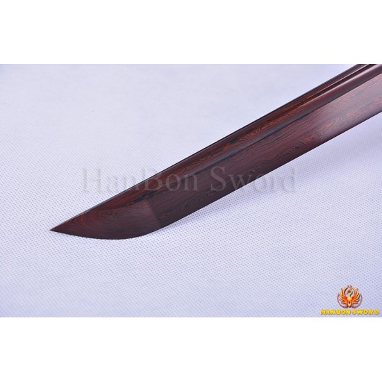 Japanese Sword KATANA Black&Red Damascus Oil Quenched Full Tang Blade Iron Koshirae 