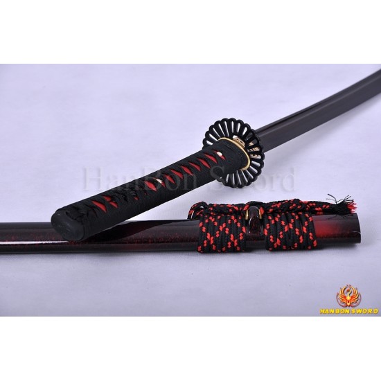 Japanese Sword KATANA Black&Red Damascus Oil Quenched Full Tang Blade Iron Koshirae 