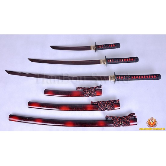 High Quality Japanese Sword Set KATANA+WAKIZASHI+TANTO Black&Red Damascus Full Tang Blade