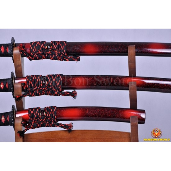 High Quality Japanese Sword Set KATANA+WAKIZASHI+TANTO Black&Red Damascus Full Tang Blade