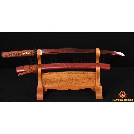 Hand Forged Black&Red Damascus Oil Quenched Full Tang Blade Iron Koshirae Japanese Wakizashi Sword