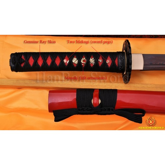 Hand Forged Black&Red Damascus Oil Quenched Full Tang Blade Japanese Wakizashi Sword