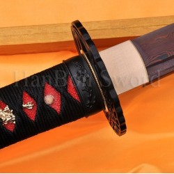 Hand Forged Black&Red Damascus Oil Quenched Full Tang Blade Japanese Wakizashi Sword