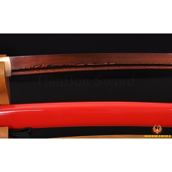Hand Forged Black&Red Damascus Oil Quenched Full Tang Blade Japanese Wakizashi Sword