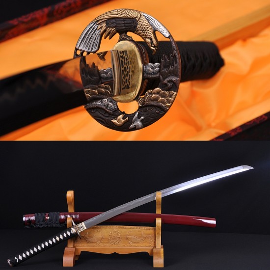 Fully Hand Forged Damascus Steel Clay Tempered Blade Hawk Koshirae KATANA Japanese Samurai Sword