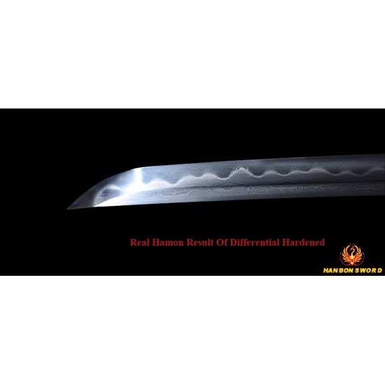 Hand Forged Damascus Steel Clay Tempered Blade Wave Koshirae Japanese KATANA Samurai Sword