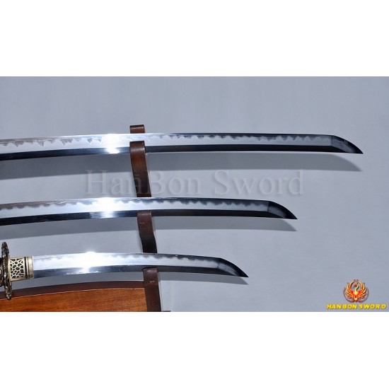 Japanese Katana Wakizashi Tanto Three Sword Set Handmade Full Tang Kobuse Blade With Dragon Theme Tsuba Black Saya