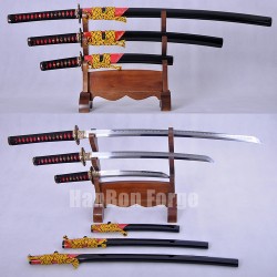 Japanese Katana Wakizashi Tanto Three Sword Set Handmade Full Tang Kobuse Blade With Dragon Theme Tsuba Black Saya