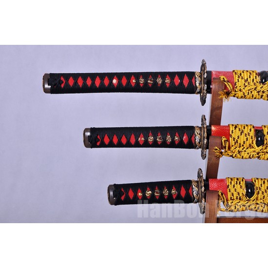 Japanese Katana Wakizashi Tanto Three Sword Set Handmade Full Tang Kobuse Blade With Dragon Theme Tsuba Black Saya