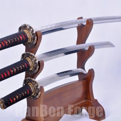 Japanese Katana Wakizashi Tanto Three Sword Set Handmade Full Tang Kobuse Blade With Dragon Theme Tsuba Black Saya