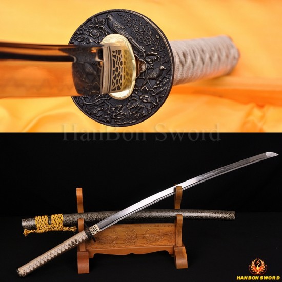 Fully Hand Forged Damascus Steel Clay Tempered Blade Bird Koshirae KATANA Japanese Samurai Sword