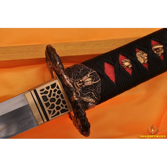 Fully Hand Forged Damascus Black&Red Steel Clay Tempered Blade Dragon Koshirae KATANA Japanese Samurai Sword