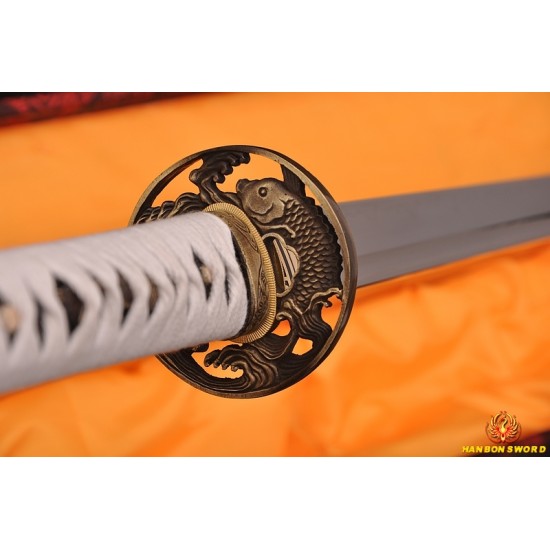 HAND MADE JAPANESE SAMURAI NINJA SWORD FISH KOSHIRAE CLAY TEMPERED FULL TANG BLADE