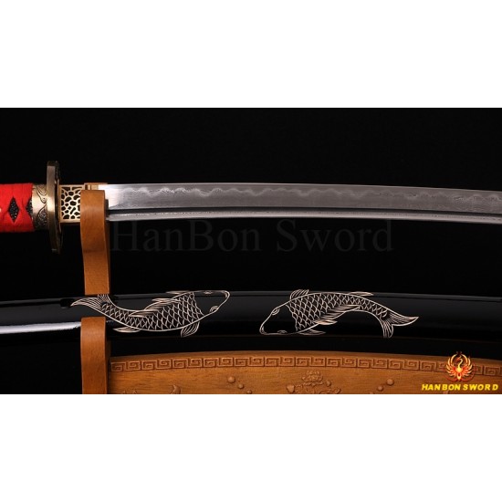 Fully Hand Forged Damascus Steel Clay Tempered Blade Fish Koshirae KATANA engraving Japanese Samurai Sword