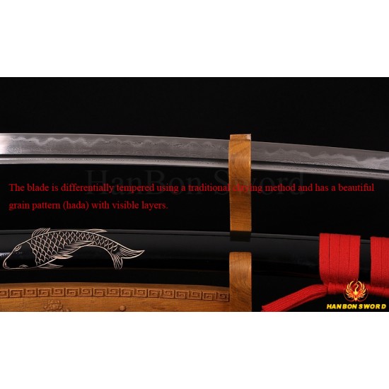 Fully Hand Forged Damascus Steel Clay Tempered Blade Fish Koshirae KATANA engraving Japanese Samurai Sword