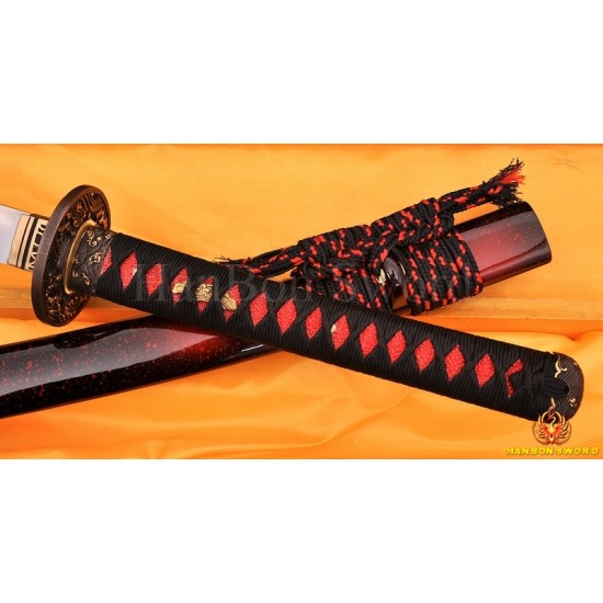 1.26"SORI FULL TANG CLAY TEMPERED WAVE KOSHIRAE HANDMADE JAPANESE SAMURAI SWORD