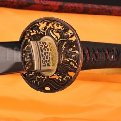 1.26"SORI FULL TANG CLAY TEMPERED WAVE KOSHIRAE HANDMADE JAPANESE SAMURAI SWORD