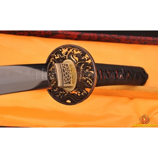 1.26"SORI FULL TANG CLAY TEMPERED WAVE KOSHIRAE HANDMADE JAPANESE SAMURAI SWORD