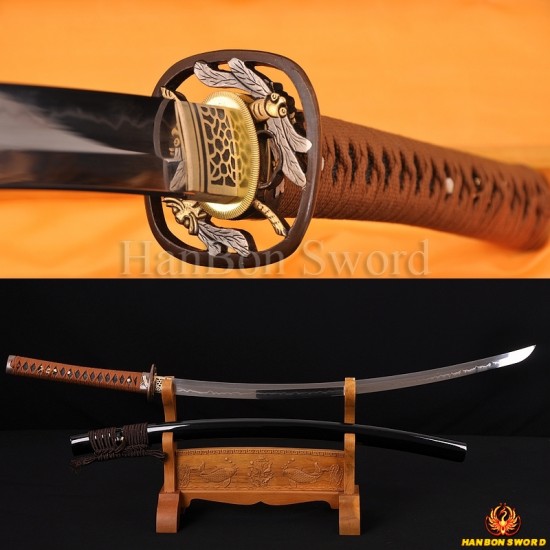 Japanese Samurai Sword KATANA 1.26" sori clay tempered blade Dragonfly theme fittings