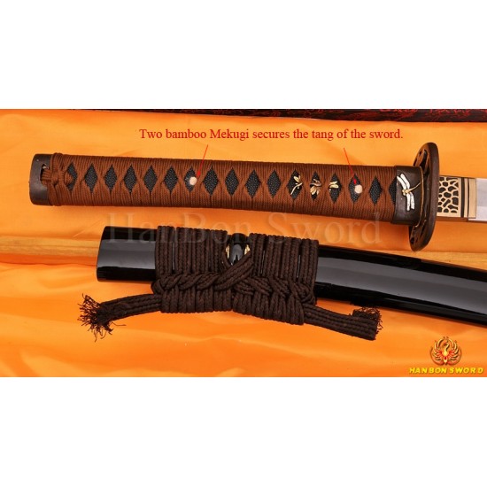 Japanese Samurai Sword KATANA 1.26" sori clay tempered blade Dragonfly theme fittings