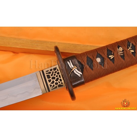 Japanese Samurai Sword KATANA 1.26" sori clay tempered blade Dragonfly theme fittings