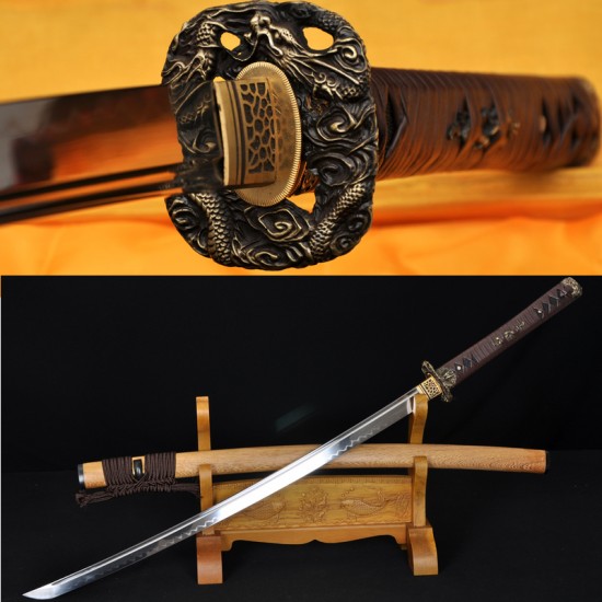 HANDMADE JAPANESE KATANA SAMURAI SWORD DRAGON KOSHIRAE LEATHER ITO HUALEE SAYA